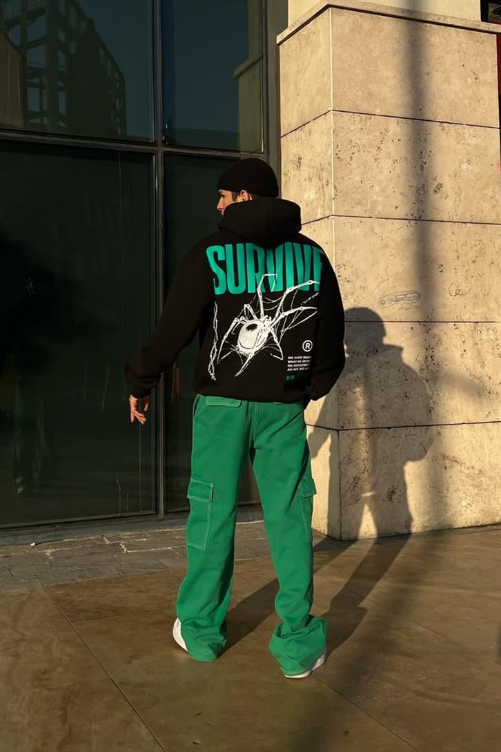 Mhm Survive Sırt Baskılı Siyah Oversize Hoodie