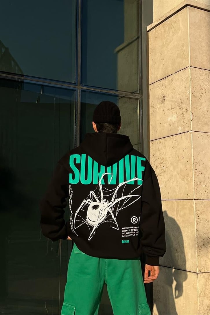 Mhm Survive Sırt Baskılı Siyah Oversize Hoodie