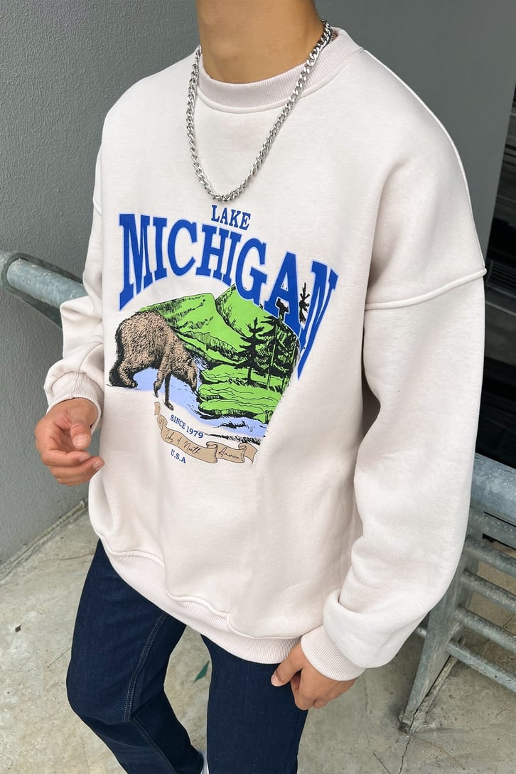 Michigan Baskılı Taş Rengi Oversize Sweatshirt