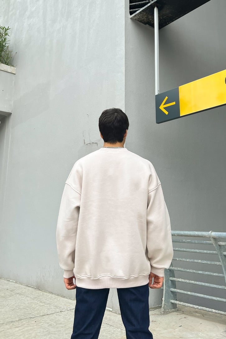 Michigan Baskılı Taş Rengi Oversize Sweatshirt