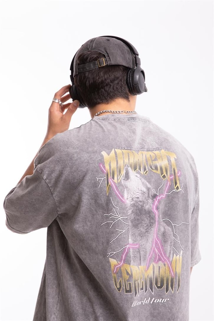 Midnight Ceremony Sırt Baskılı Acid Wash Oversize Tshirt