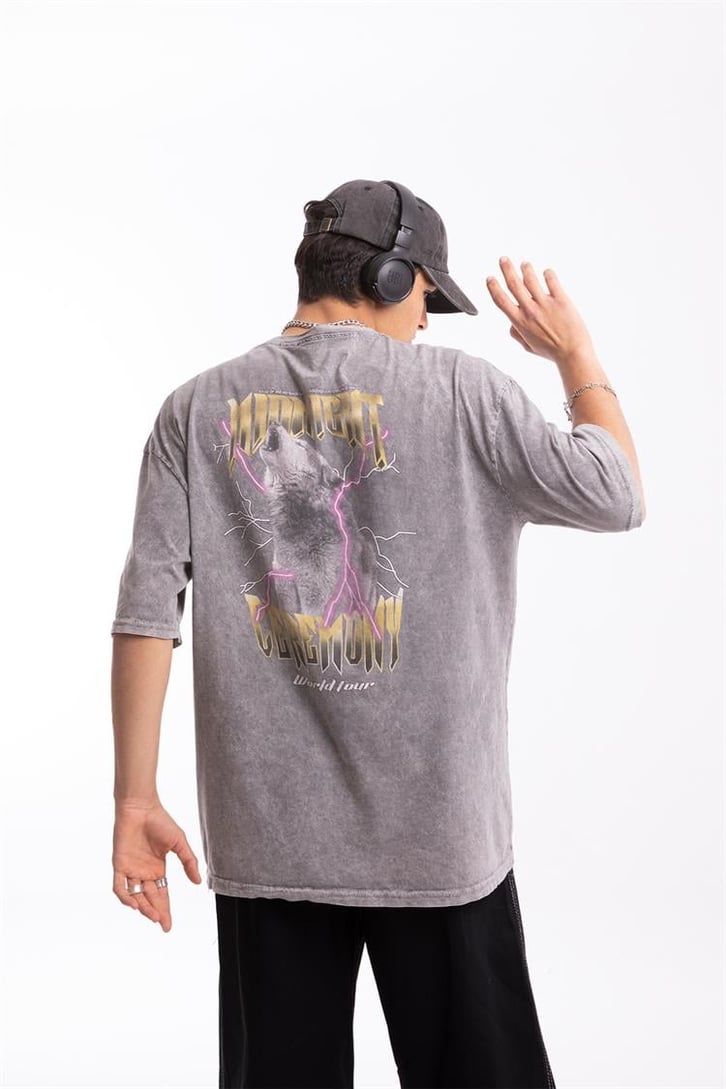 Midnight Ceremony Sırt Baskılı Acid Wash Oversize Tshirt