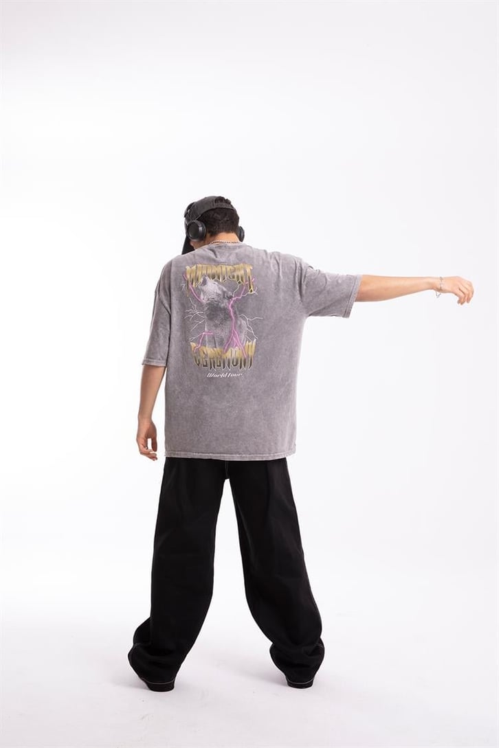 Midnight Ceremony Sırt Baskılı Acid Wash Oversize Tshirt