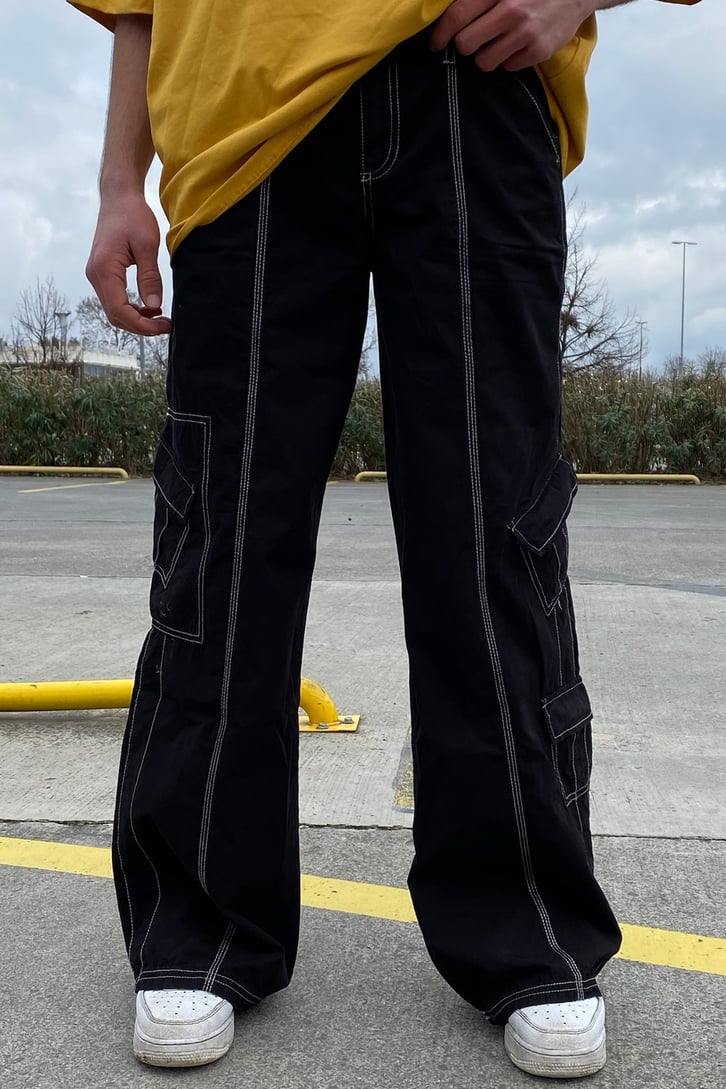Mini Cep Dikiş Detay Siyah Baggy Fit Jean