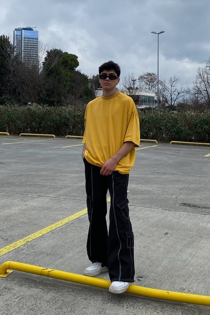 Mini Cep Dikiş Detay Siyah Baggy Fit Jean