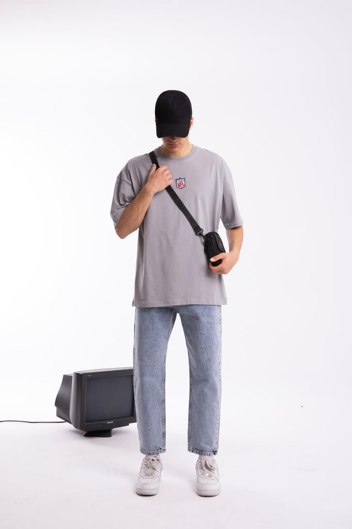 Mini Logo Nakışlı Buz Gri Oversize Tshirt