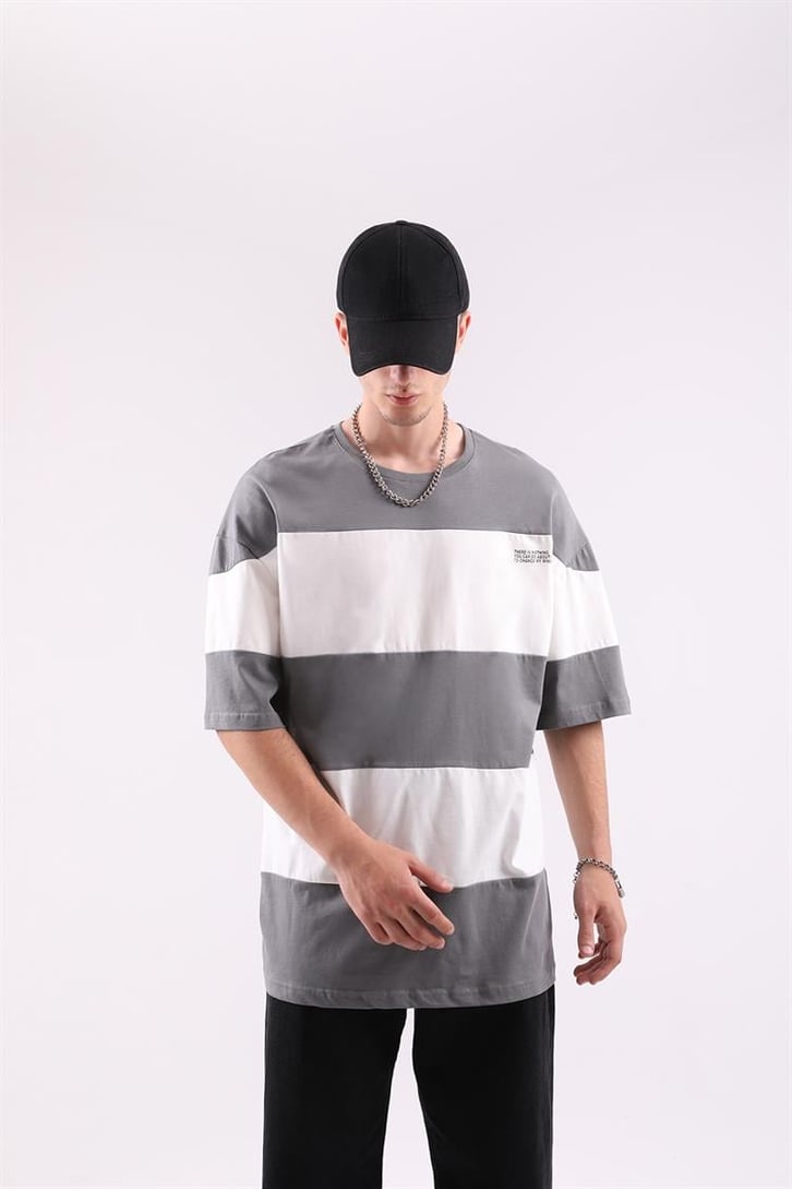 Mini Text Baskılı Çizgili Oversize Tshirt