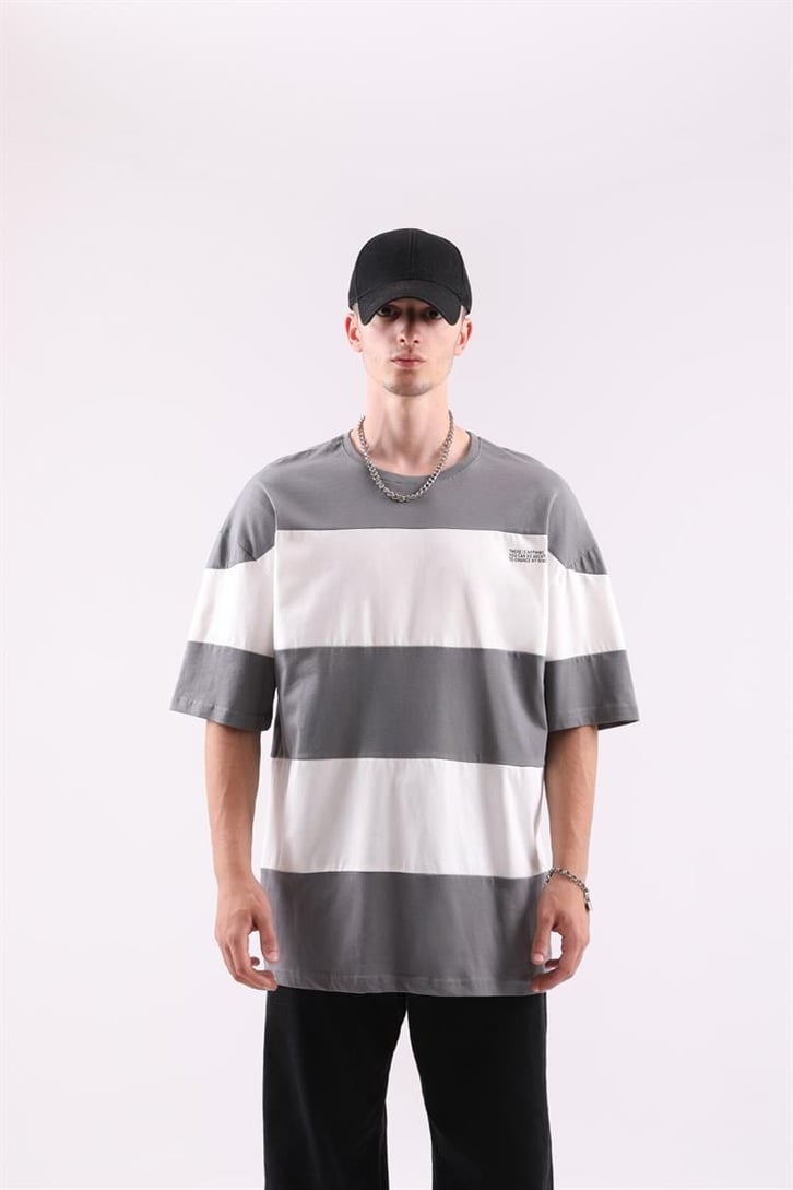 Mini Text Baskılı Çizgili Oversize Tshirt