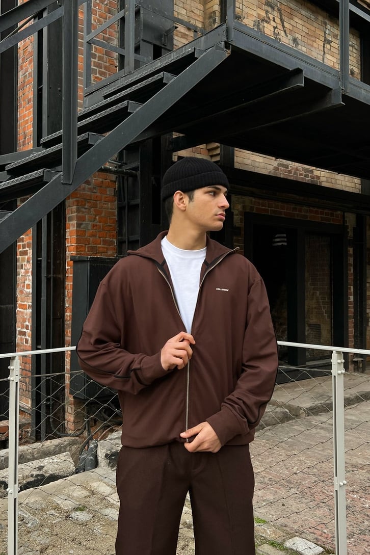 Mini Text Baskılı Kahverengi Zipper Sweatshirt