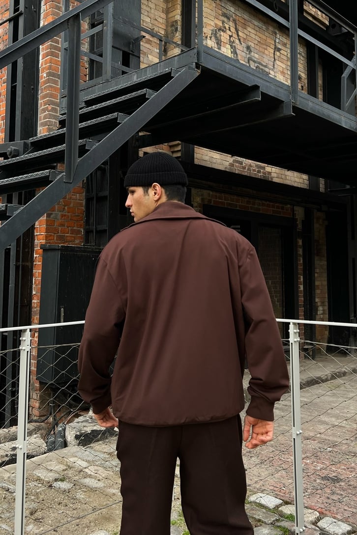 Mini Text Baskılı Kahverengi Zipper Sweatshirt
