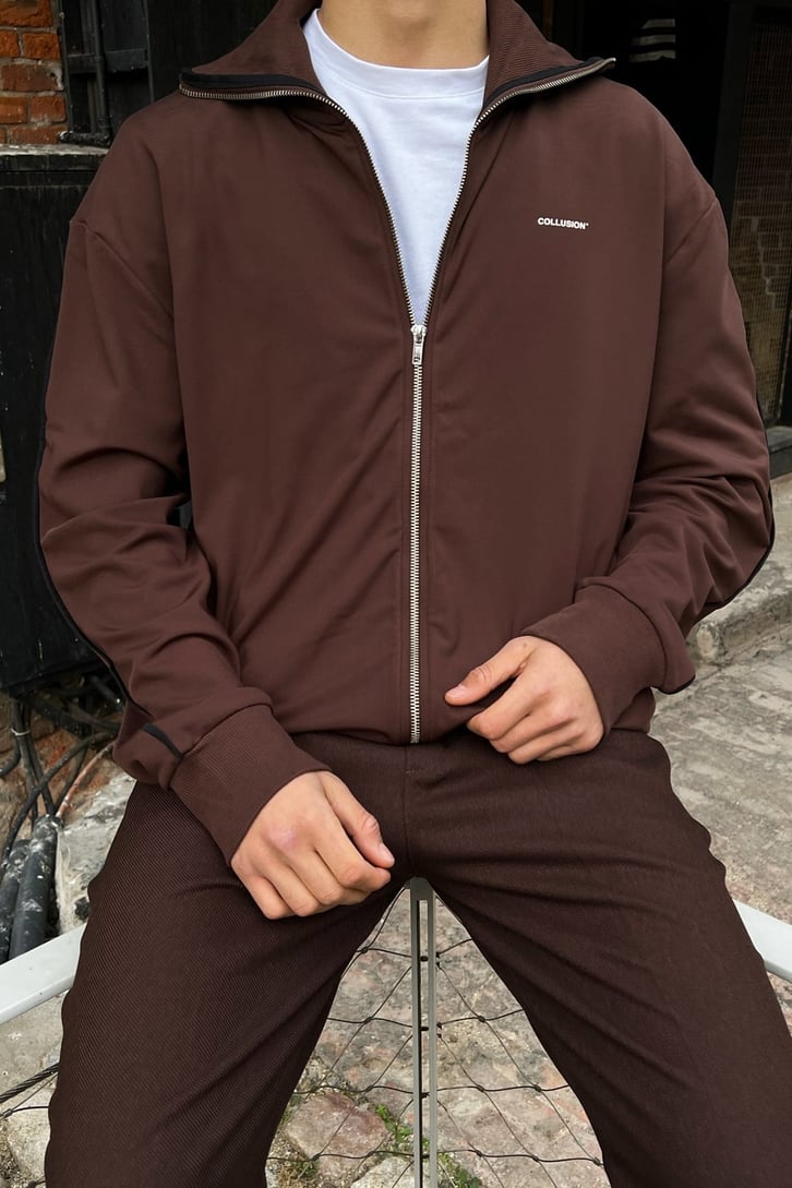 Mini Text Baskılı Kahverengi Zipper Sweatshirt