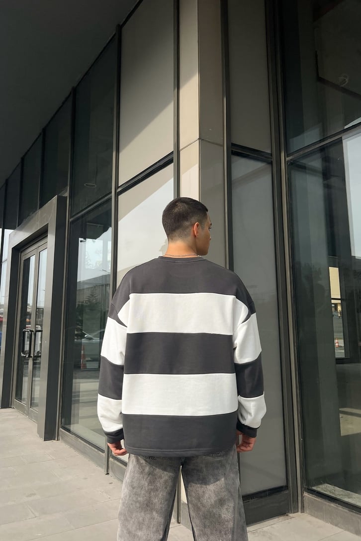 Mini Text Çizgili Füme Oversize Sweatshirt