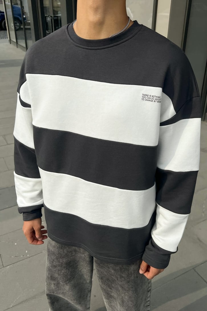 Mini Text Çizgili Füme Oversize Sweatshirt