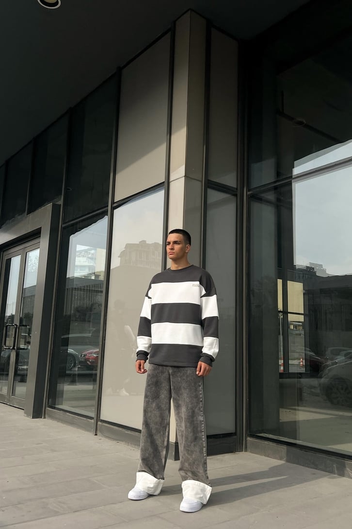 Mini Text Çizgili Füme Oversize Sweatshirt
