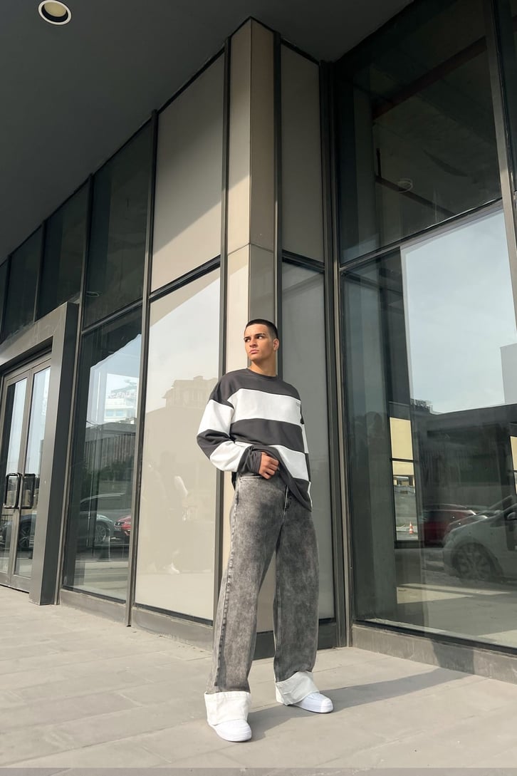 Mini Text Çizgili Füme Oversize Sweatshirt