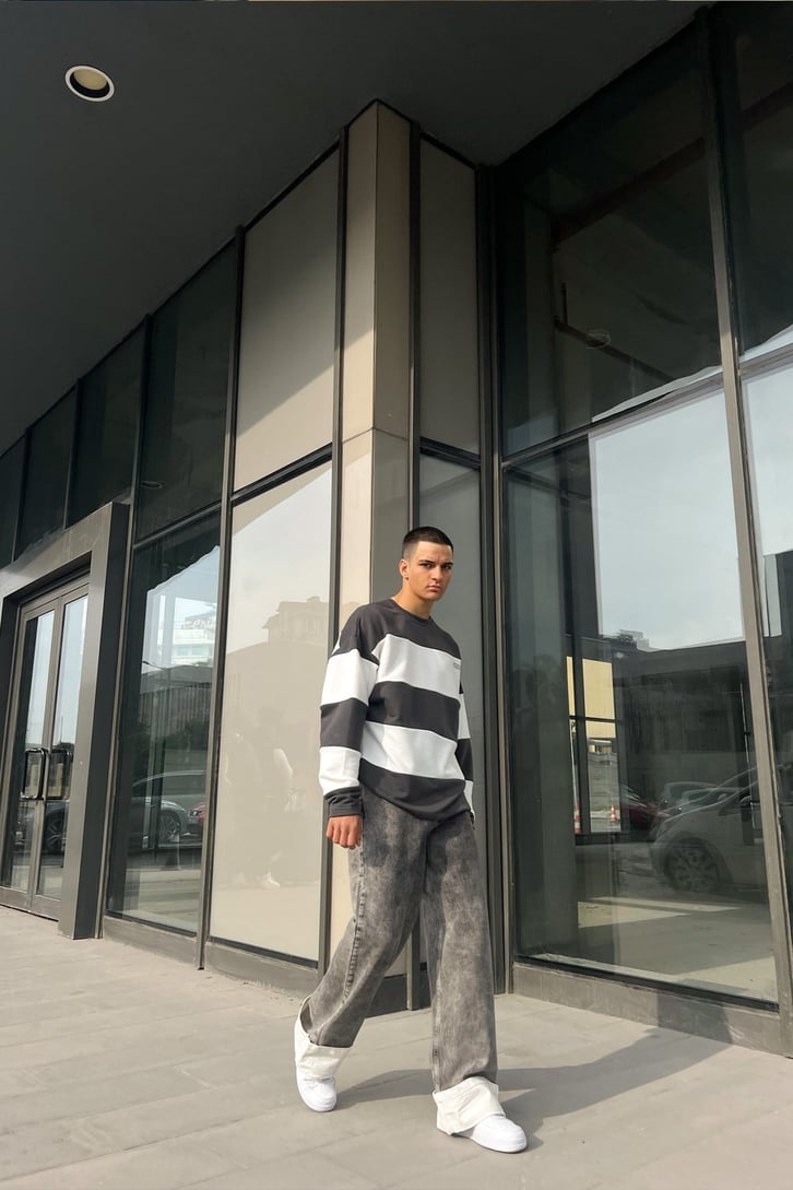 Mini Text Çizgili Füme Oversize Sweatshirt