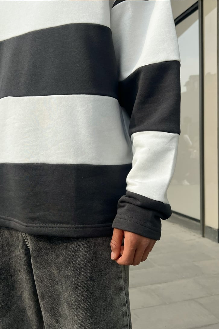 Mini Text Çizgili Füme Oversize Sweatshirt