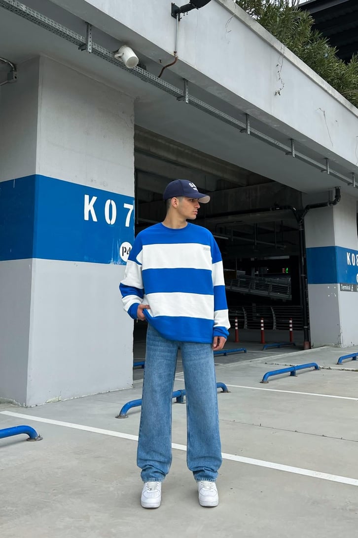 Mini Text Çizgili Oversize Sweatshirt