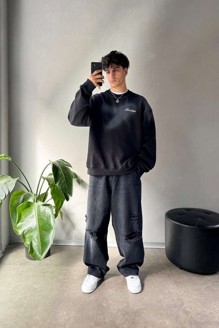Minimal Baskılı Oversize Bisiklet Yaka Sweatshirt