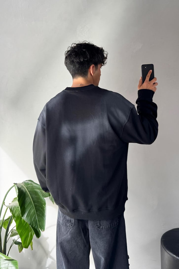 Minimal Baskılı Oversize Bisiklet Yaka Sweatshirt
