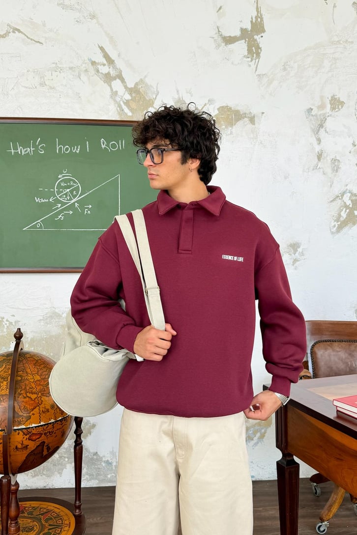 Minimal Baskılı Polo Yaka Oversize Sweatshirt