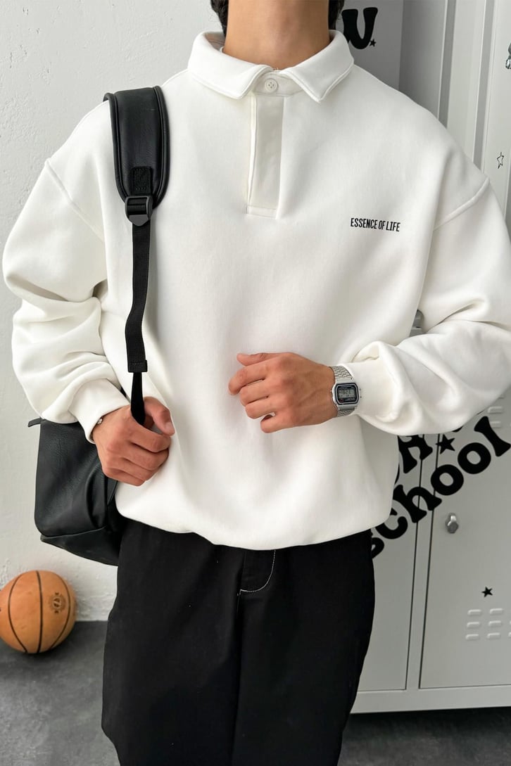 Minimal Baskılı Polo Yaka Oversize Sweatshirt