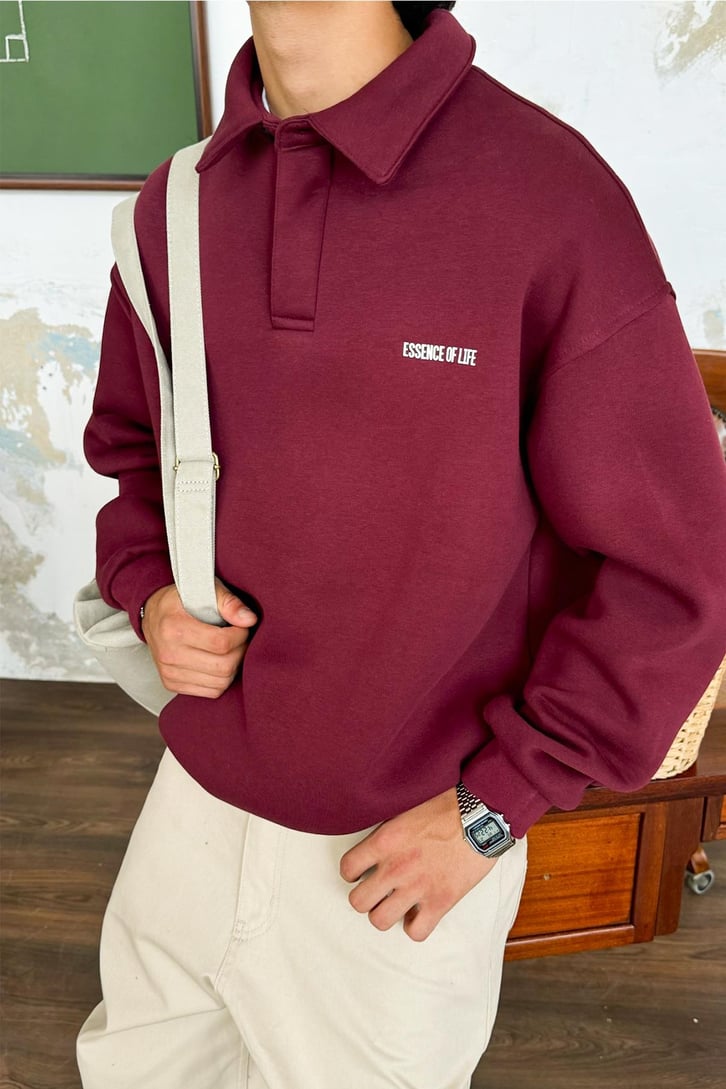 Minimal Baskılı Polo Yaka Oversize Sweatshirt