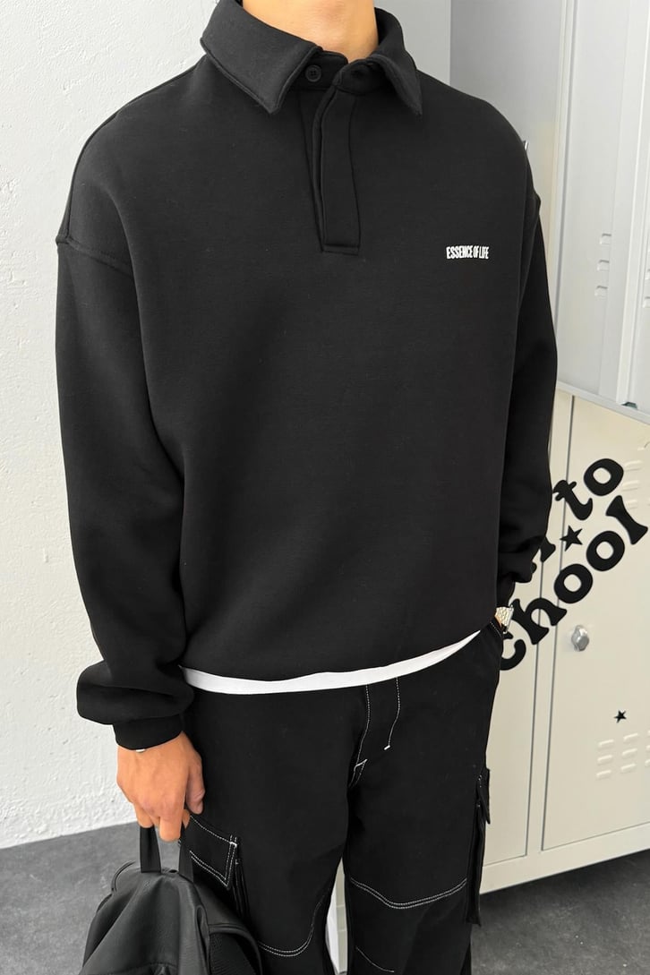 Minimal Baskılı Polo Yaka Oversize Sweatshirt