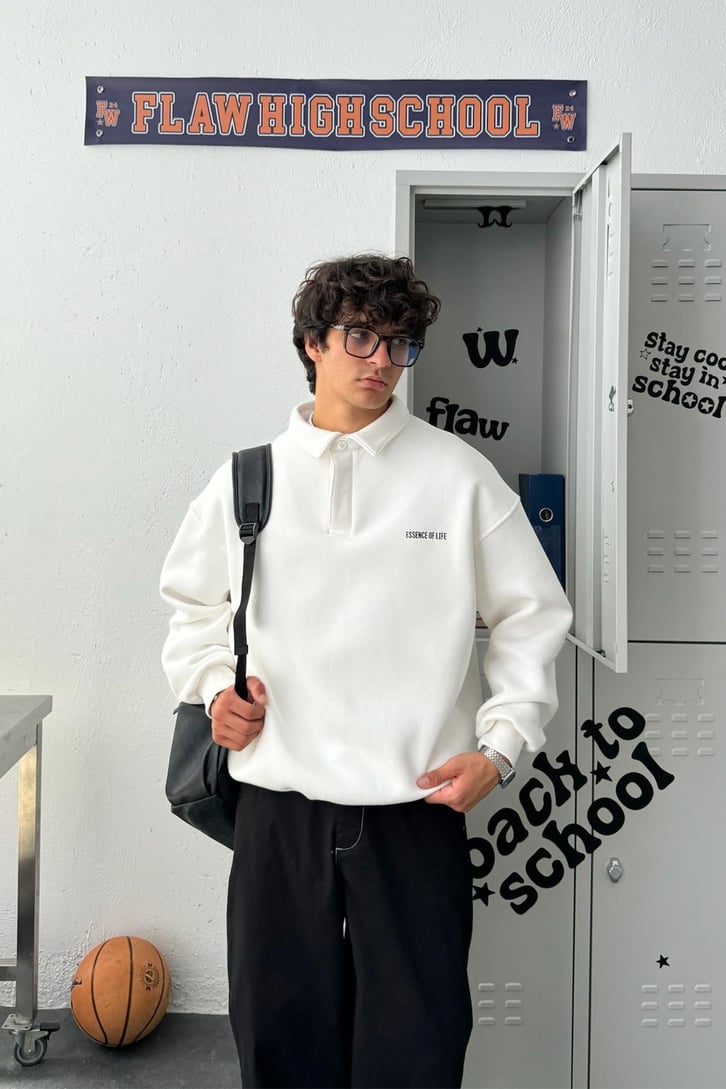 Minimal Baskılı Polo Yaka Oversize Sweatshirt