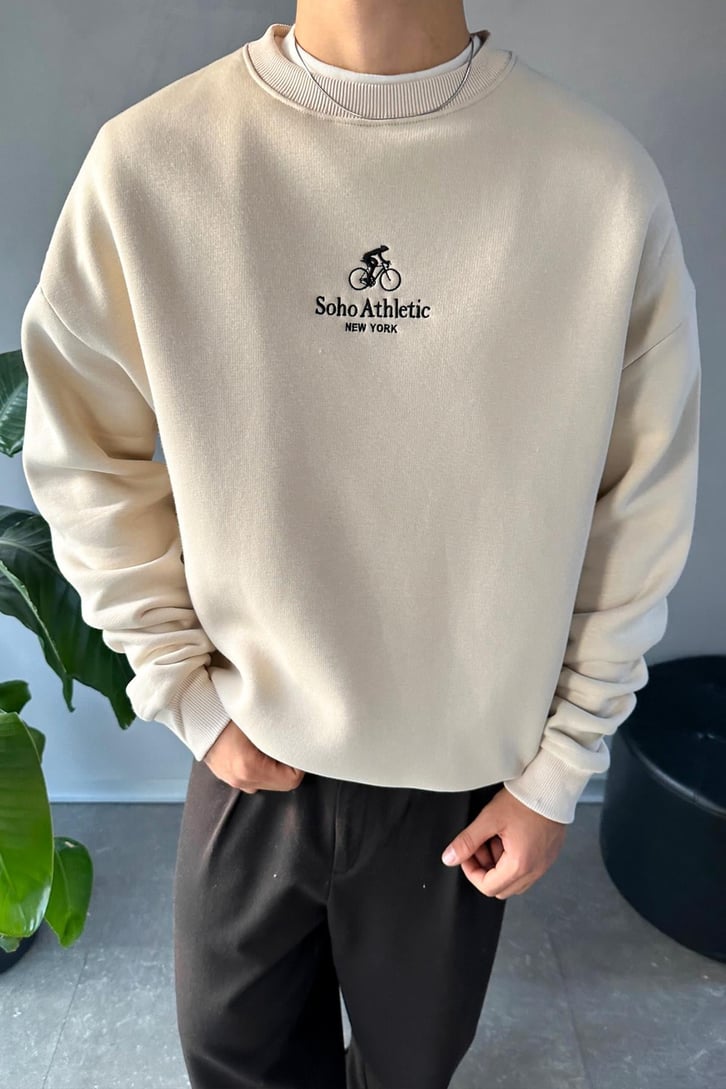 Minimal Nakışlı Bisiklet Yaka Sweatshirt