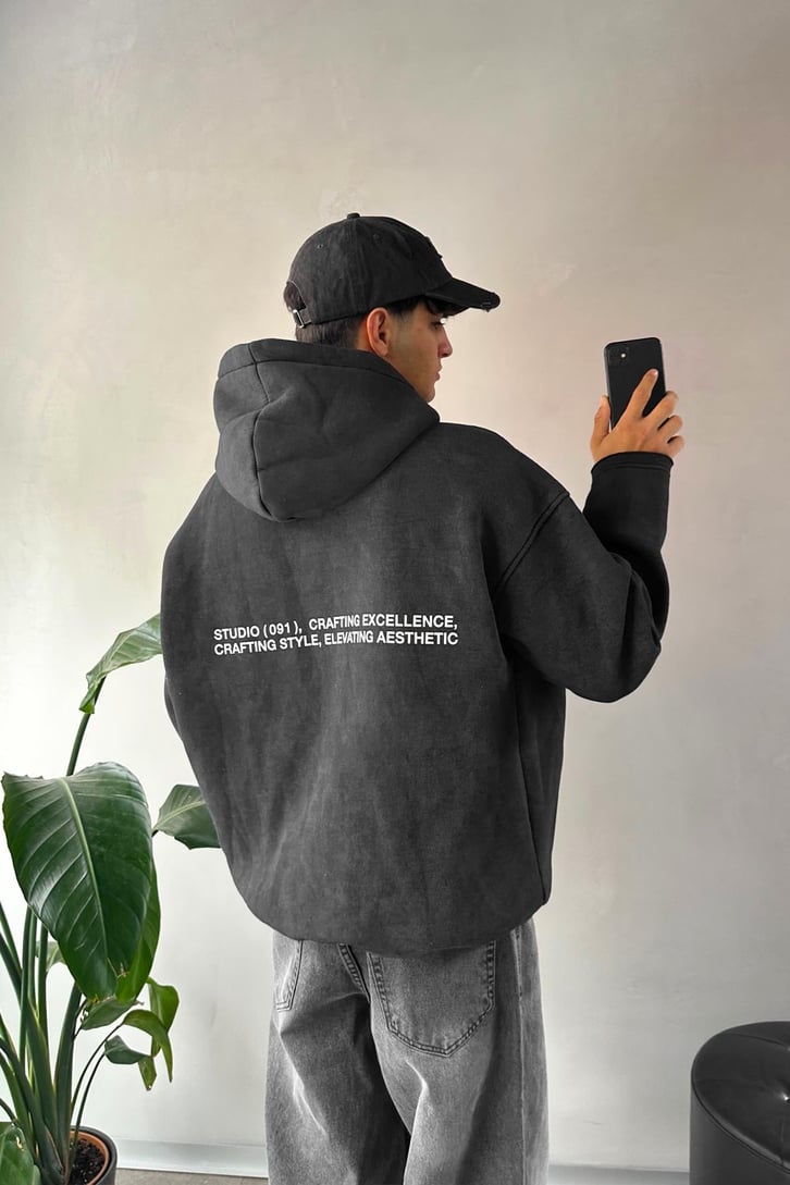 Minimal Nakışlı Sırt Detay Oversize Hoodie