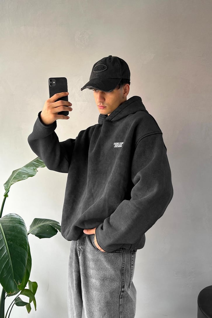 Minimal Nakışlı Sırt Detay Oversize Hoodie
