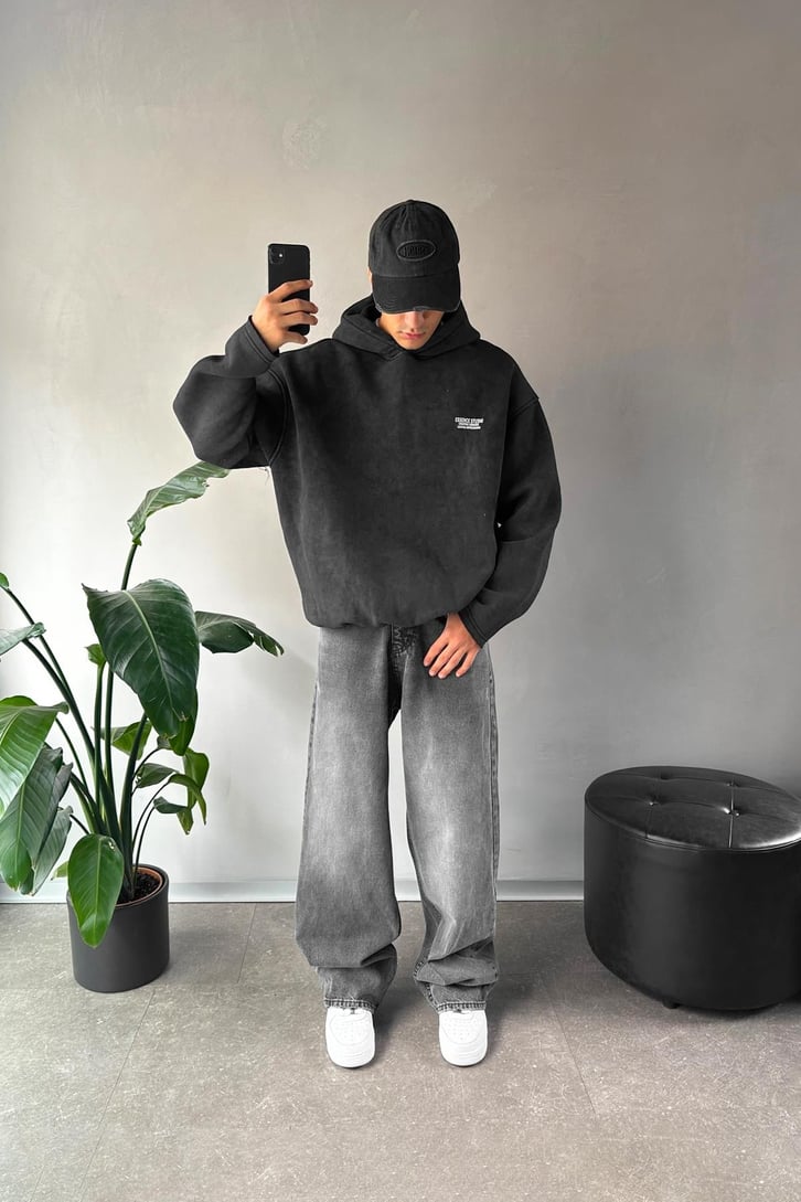 Minimal Nakışlı Sırt Detay Oversize Hoodie