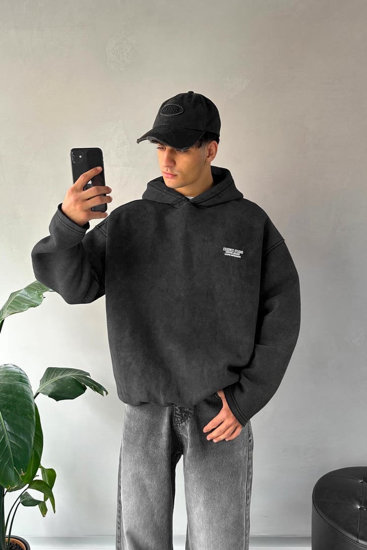 Minimal Nakışlı Sırt Detay Oversize Hoodie