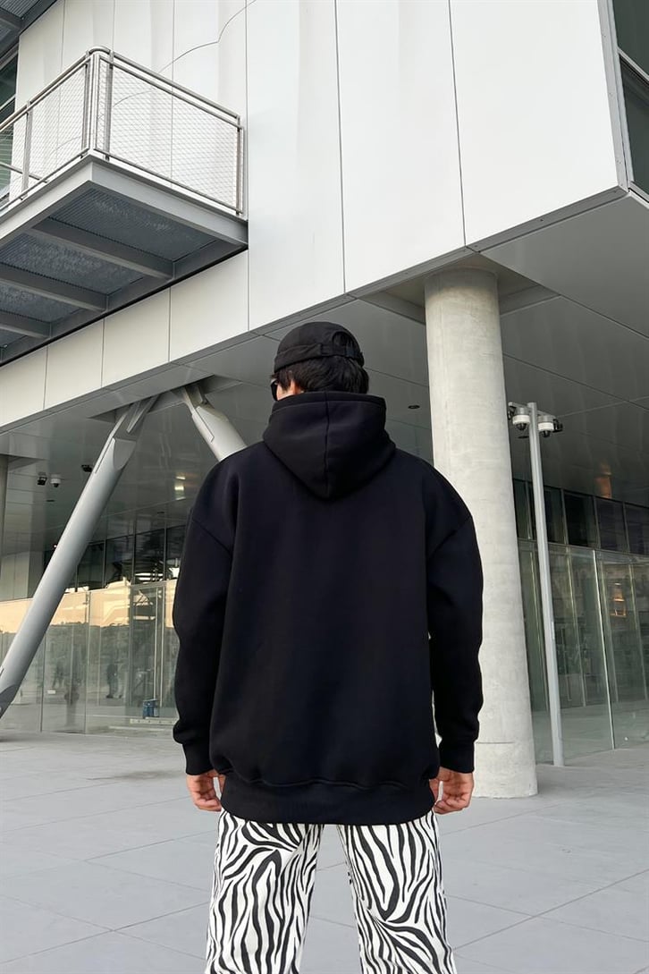 Minimal Text Baskılı Siyah Oversize Hoodie