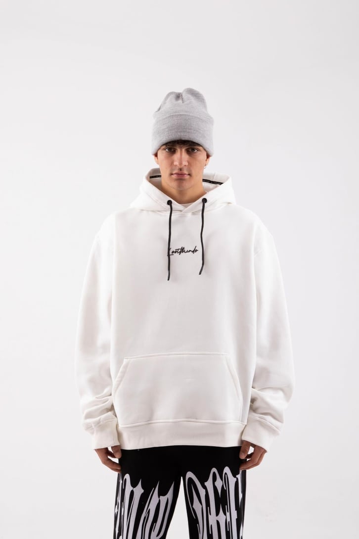 Minitext Baskılı Beyaz Oversize Hoodie