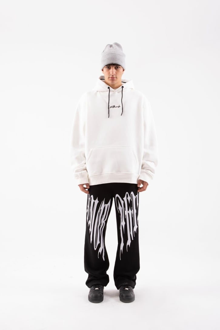 Minitext Baskılı Beyaz Oversize Hoodie