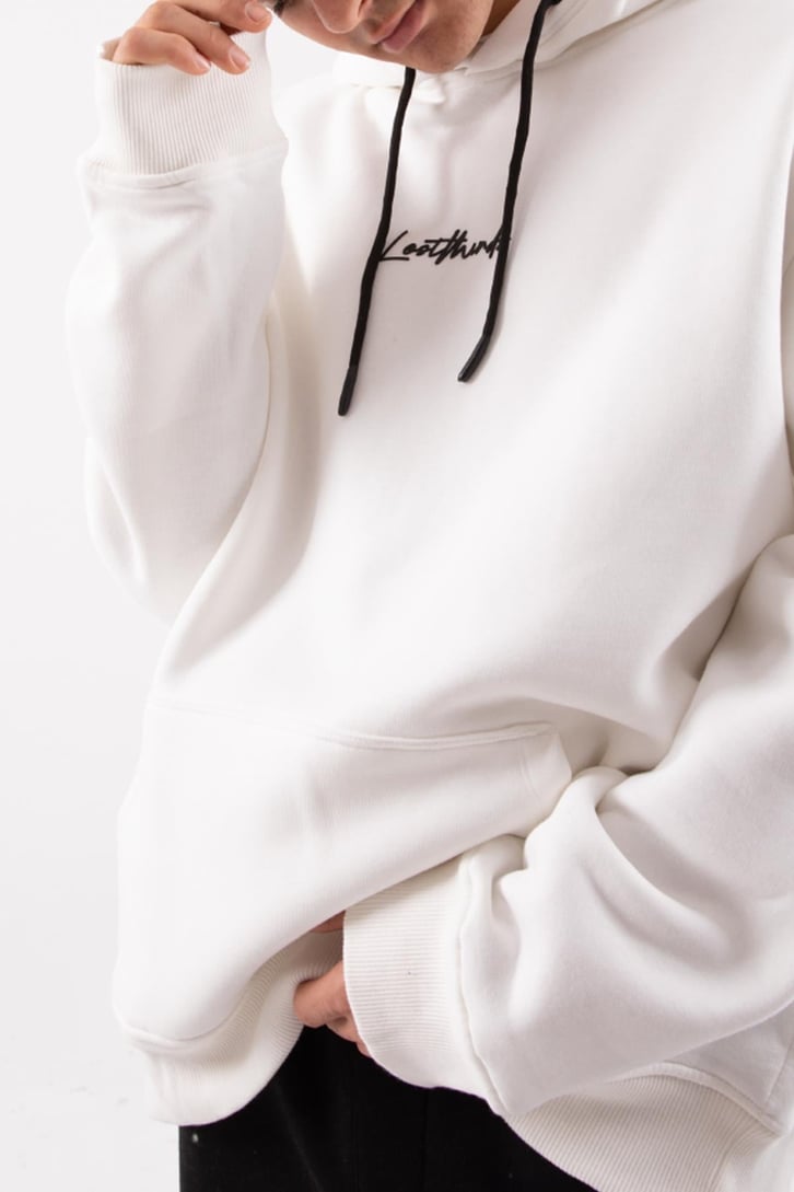 Minitext Baskılı Beyaz Oversize Hoodie