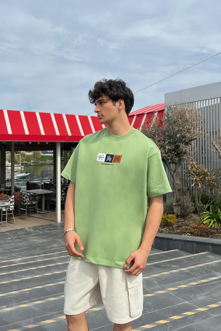 Mon Nakışlı Yeşil Oversize Tişört