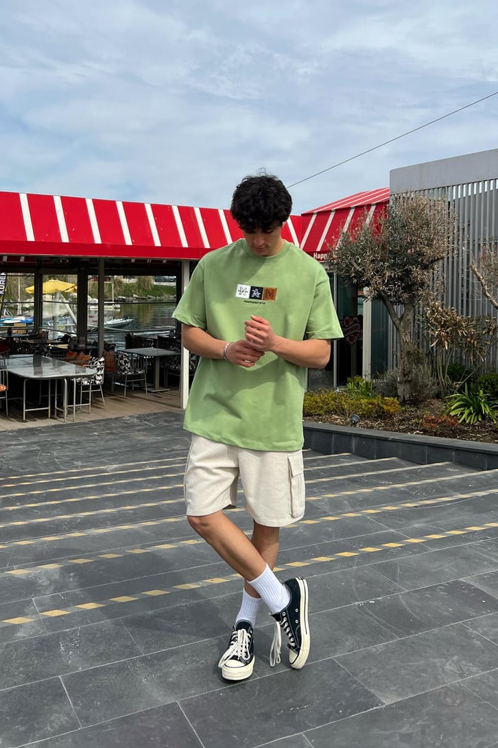 Mon Nakışlı Yeşil Oversize Tişört