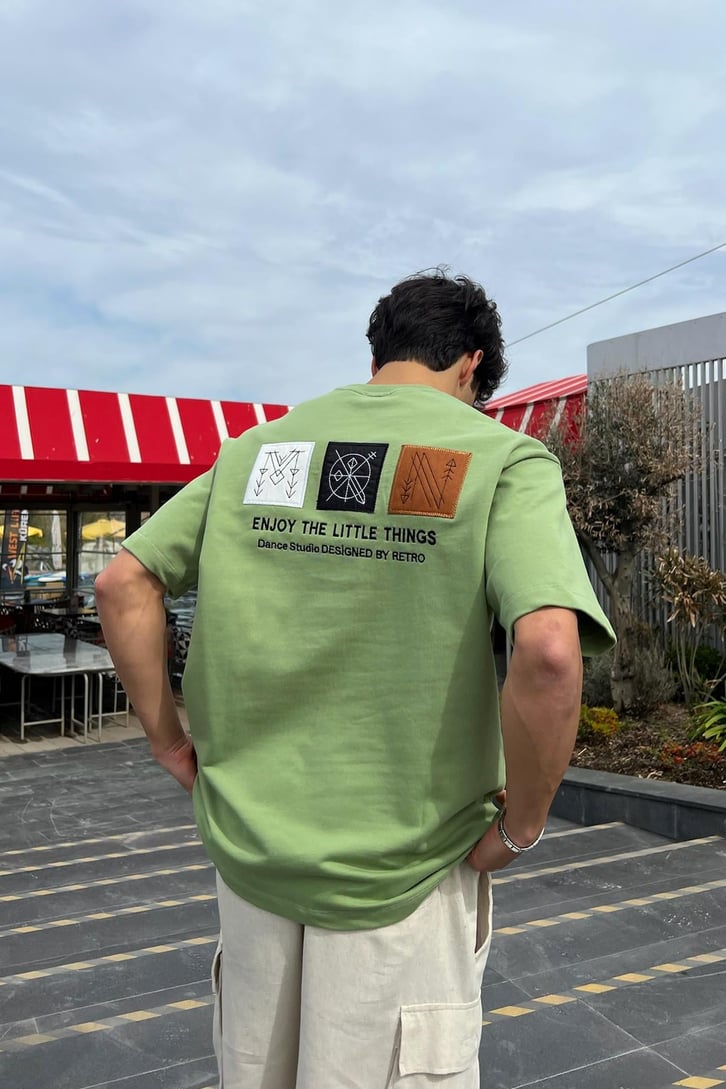 Mon Nakışlı Yeşil Oversize Tişört
