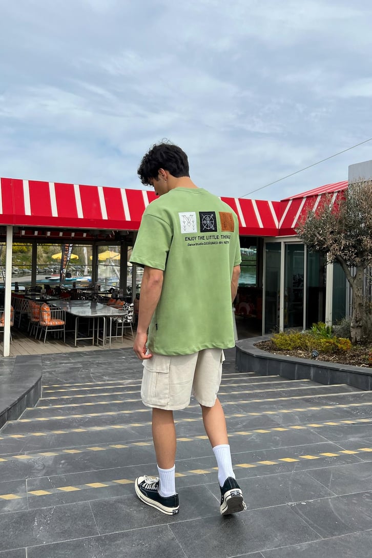 Mon Nakışlı Yeşil Oversize Tişört