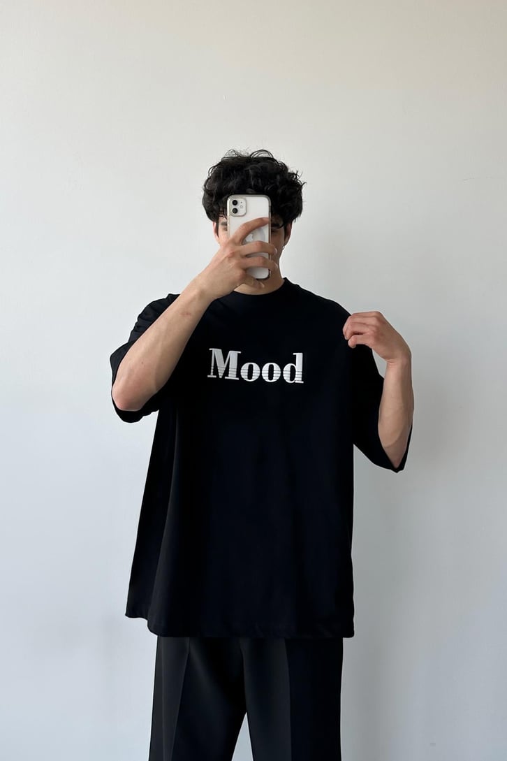 Mood Baskılı Siyah Oversize Tişört