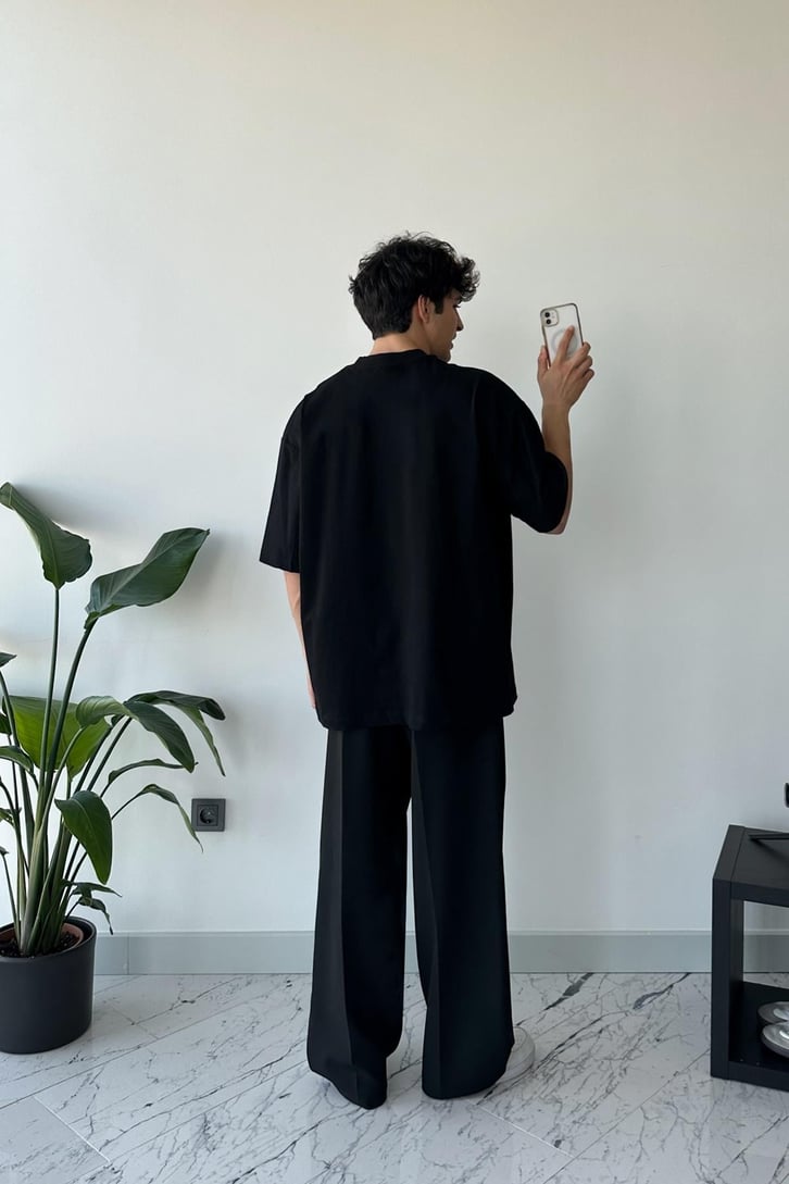 Mood Baskılı Siyah Oversize Tişört