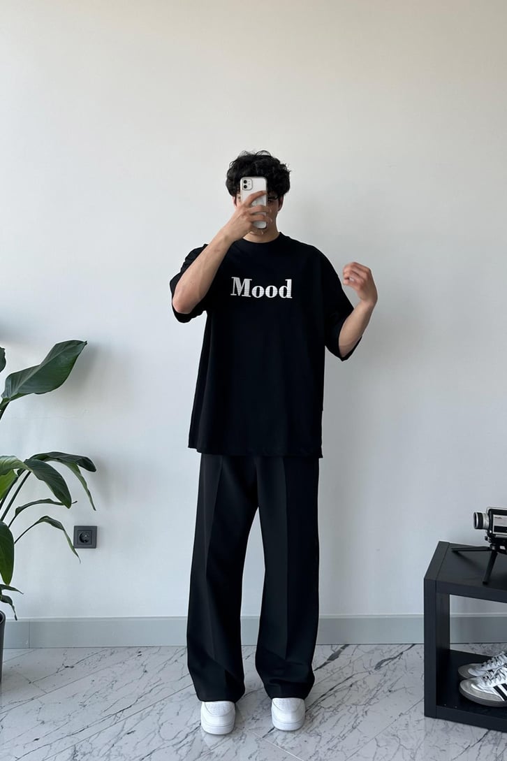 Mood Baskılı Siyah Oversize Tişört