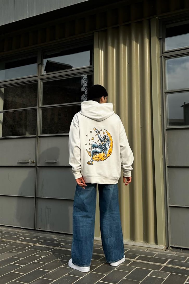 Moon Sırt Baskılı Buz Gri Oversize Hoodie