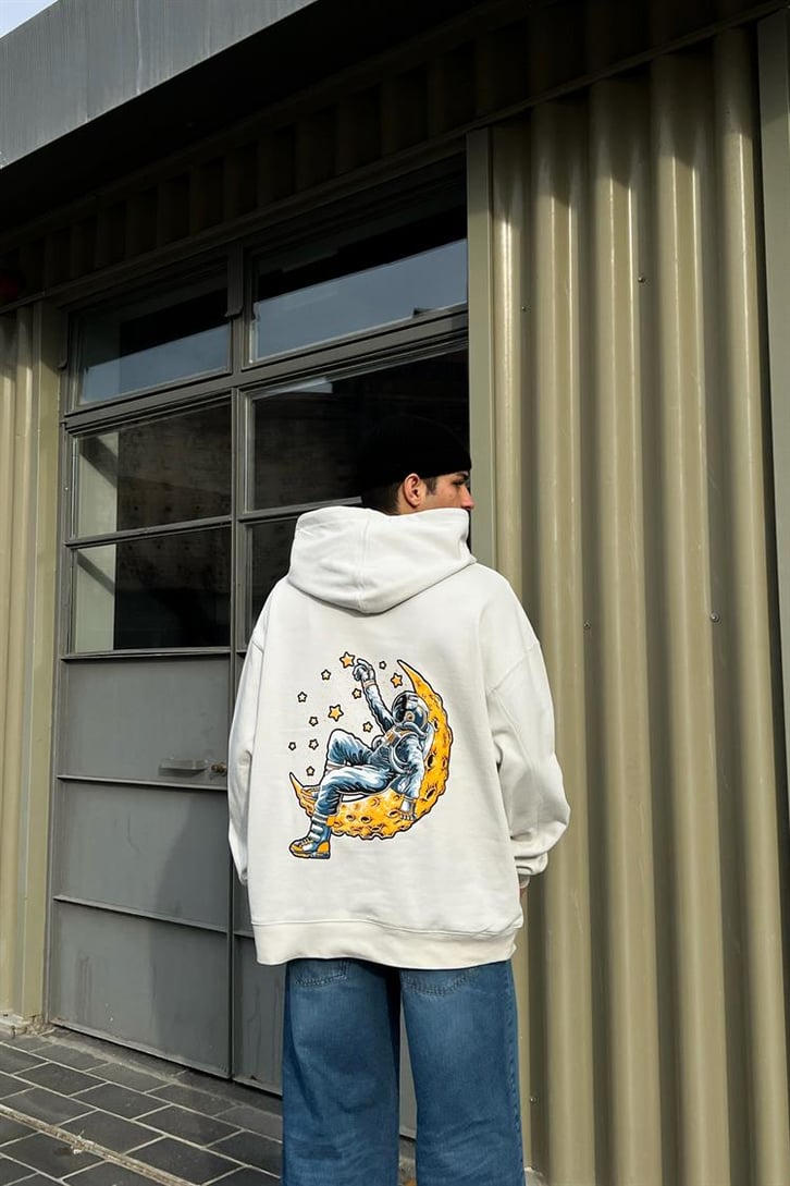 Moon Sırt Baskılı Buz Gri Oversize Hoodie