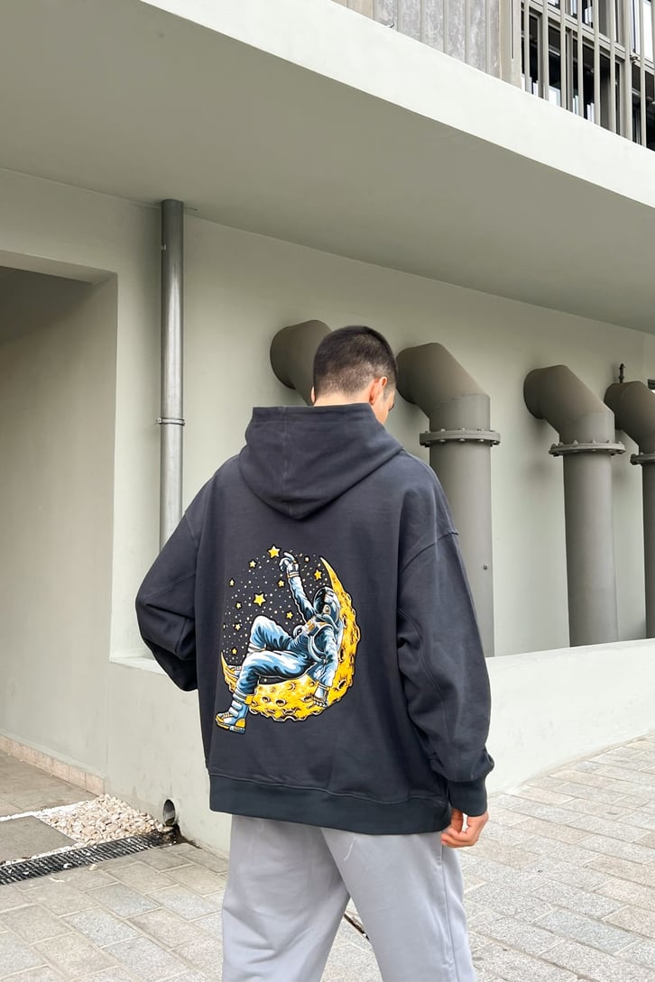 Moon Sırt Baskılı Füme Oversize Hoodie