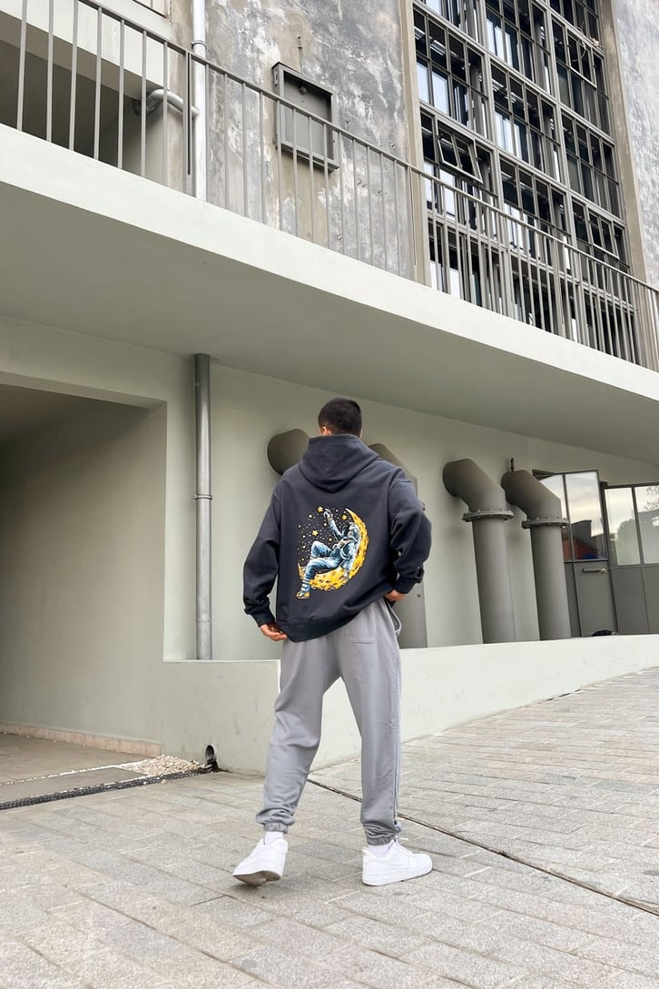 Moon Sırt Baskılı Füme Oversize Hoodie