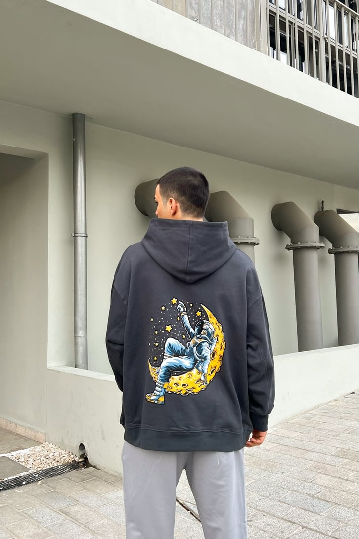 Moon Sırt Baskılı Füme Oversize Hoodie